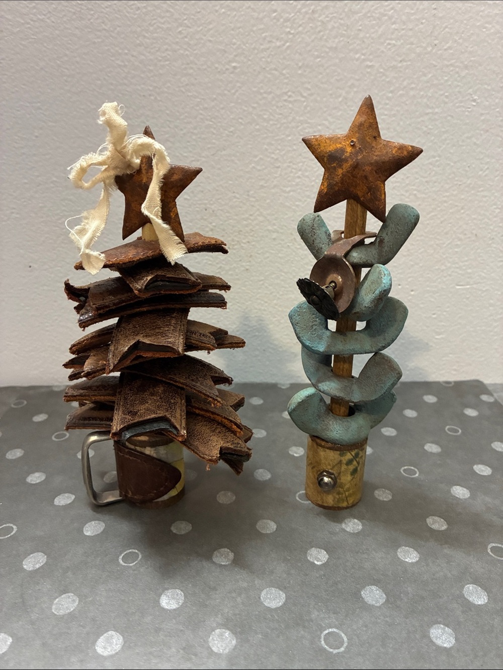 Rustic Old Belt and Teal Wing Nut Holiday Tree Décor Set Art - Upcycled